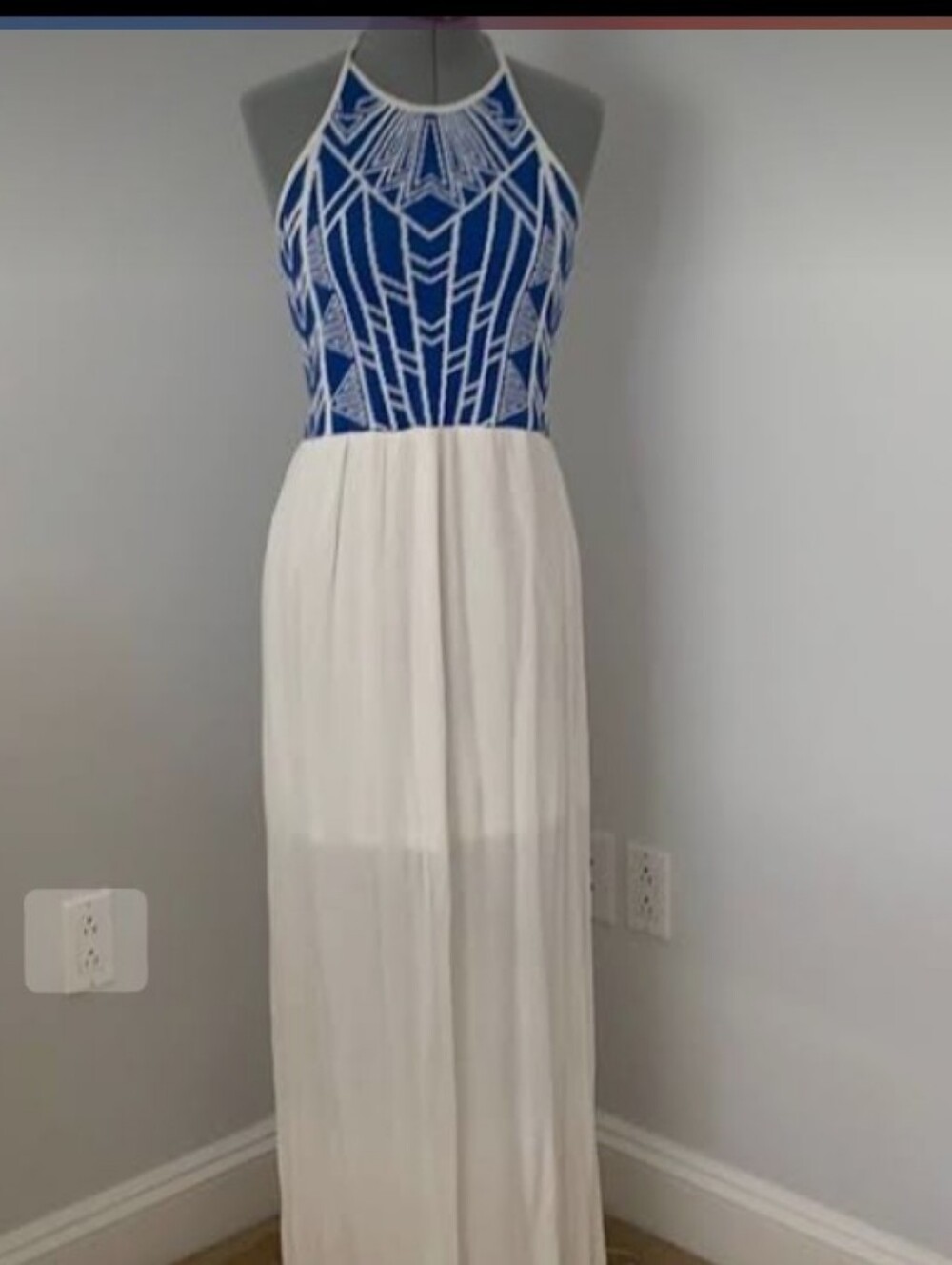 Jealous Tomato Blue & White Geometric Halter Maxi Dress